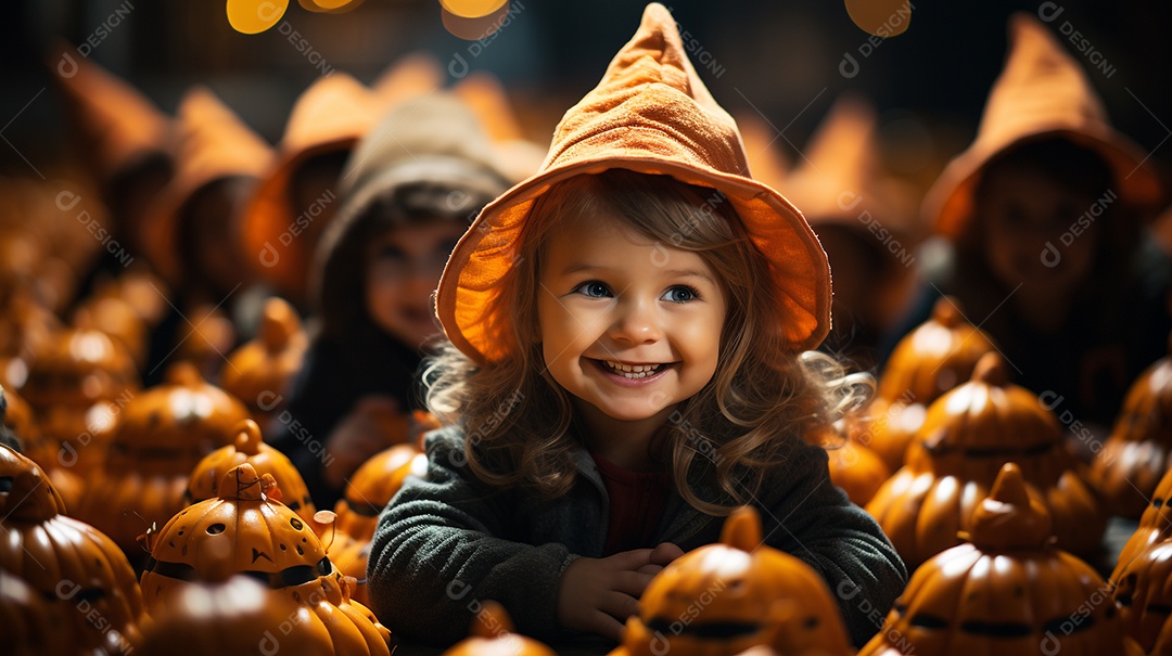 Crianças no cenário tradicional de festa de halloween.