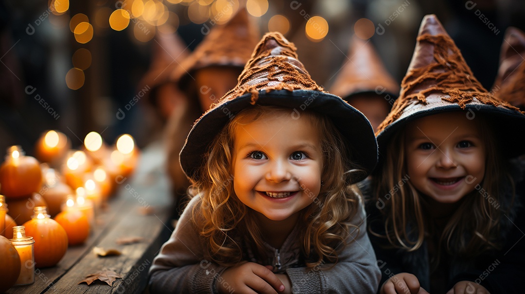 Crianças no cenário tradicional de festa de halloween.