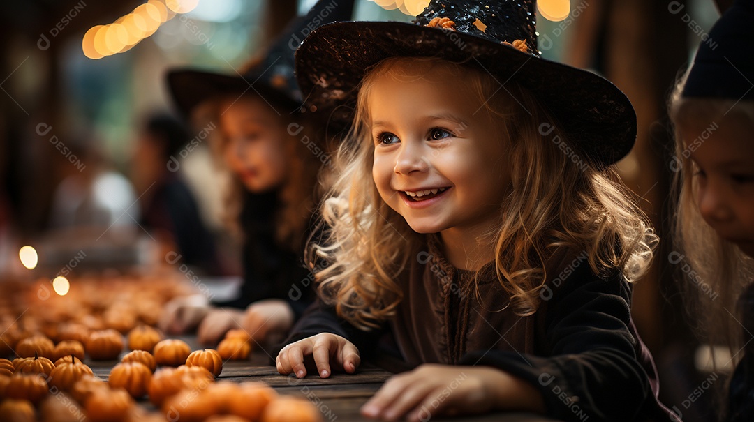 Crianças no cenário tradicional de festa de halloween.