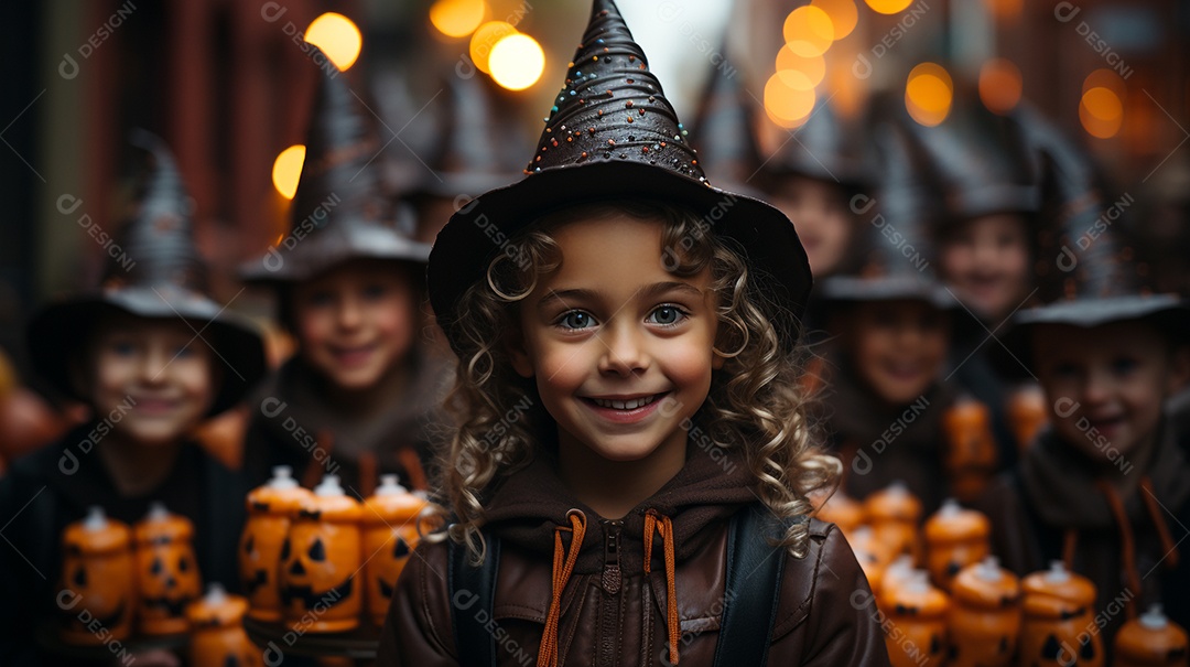 Crianças no cenário tradicional de festa de halloween.