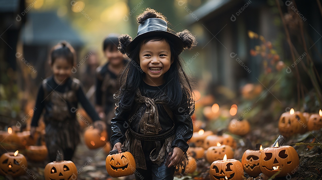 Crianças no cenário tradicional de festa de halloween.