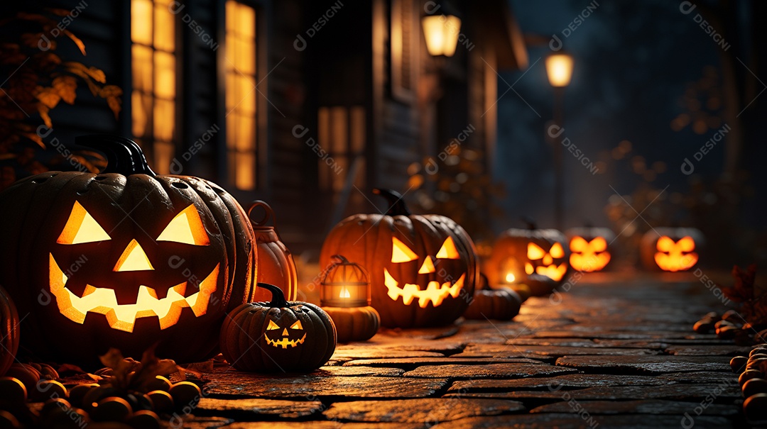 Cenário de festa de halloween tradicional. Papel de parede de Halloween com abóbora malvada.