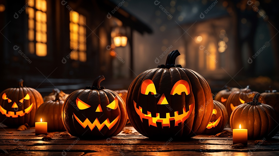 Cenário de festa de halloween tradicional. Papel de parede de Halloween com abóbora malvada.