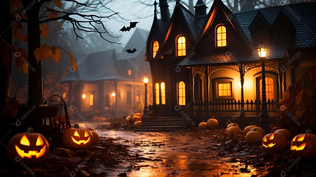 Cenário de festa de halloween tradicional. Papel de parede de Halloween com abóbora malvada.