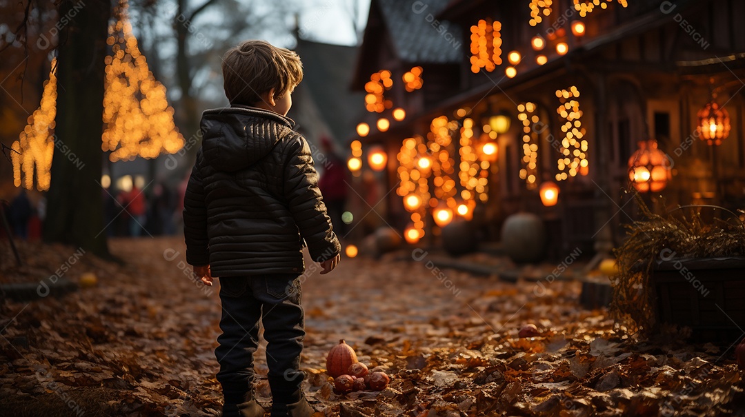 Crianças no cenário tradicional de festa de halloween.