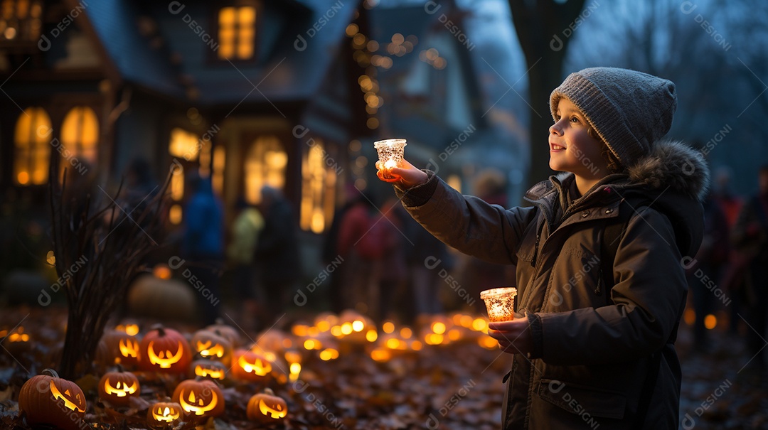 Crianças no cenário tradicional de festa de halloween.