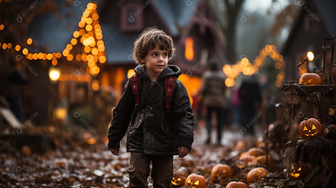 Crianças no cenário tradicional de festa de halloween.