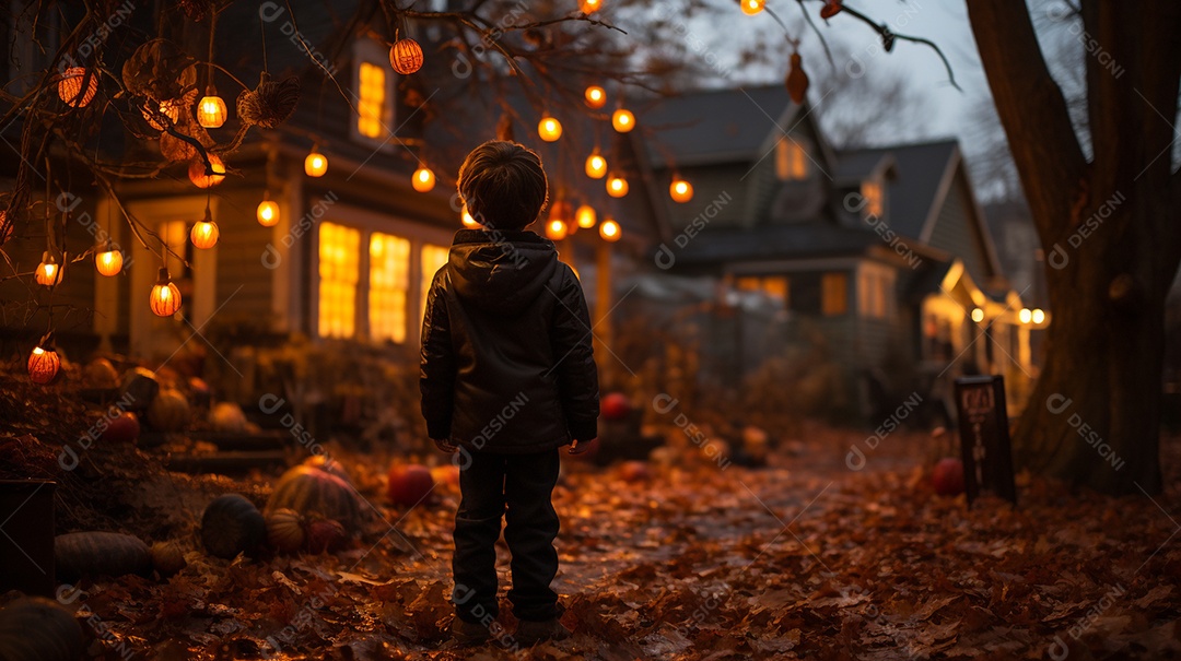 Crianças no cenário tradicional de festa de halloween.