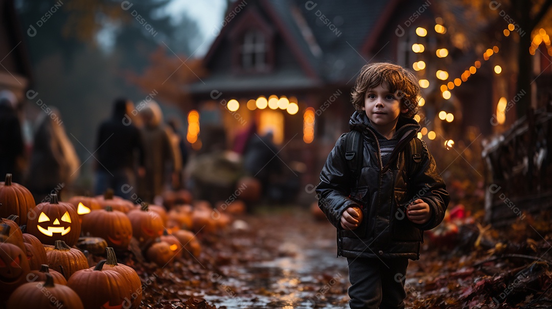 Crianças no cenário tradicional de festa de halloween.