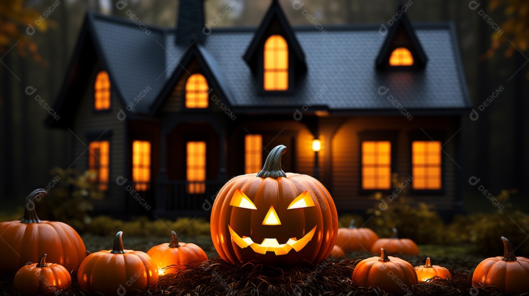 Cenário de festa de halloween tradicional. Papel de parede de Halloween com abóbora malvada.