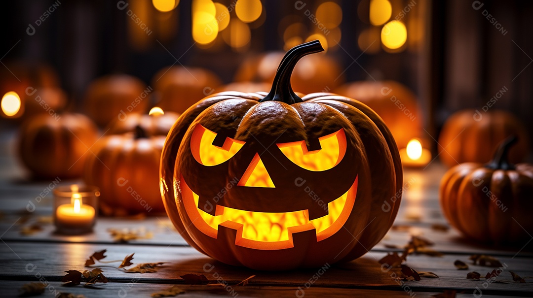 Cenário de festa de halloween tradicional. Papel de parede de Halloween com abóbora malvada.