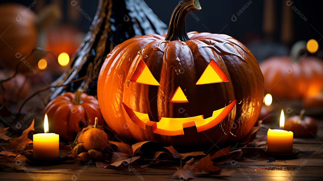 Cenário de festa de halloween tradicional. Papel de parede de Halloween com abóbora malvada.