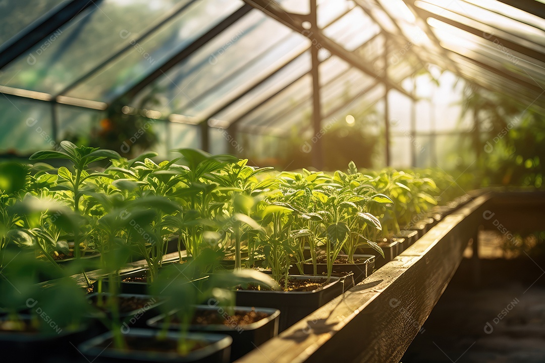 Estufa com variedade de verduras e legumes que crescem exuberantes em ambiente protegido.