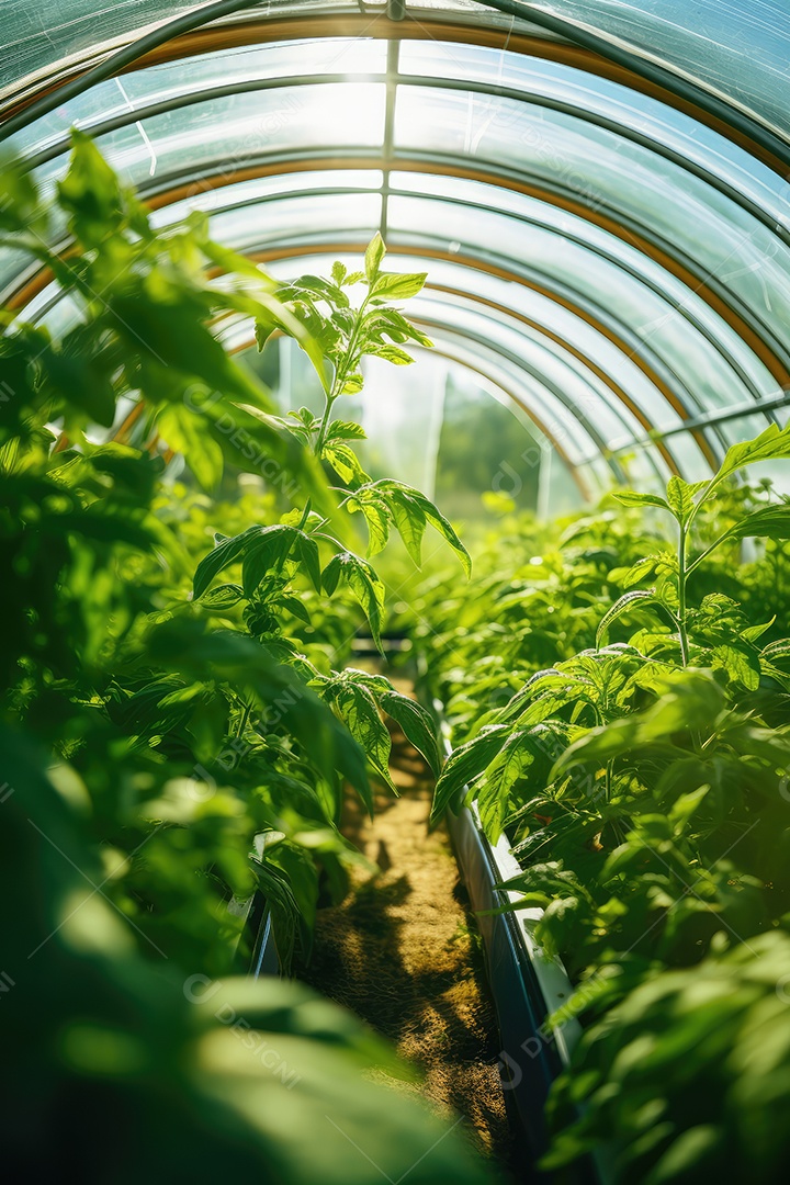 Estufa com variedade de verduras e legumes que crescem exuberantes em ambiente protegido.