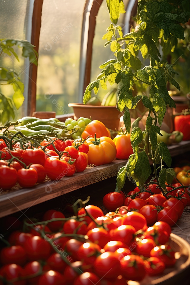 Estufa com variedade de verduras e legumes que crescem exuberantes em ambiente protegido.