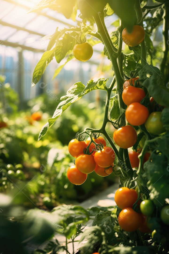Estufa com variedade de verduras e legumes que crescem exuberantes em ambiente protegido.