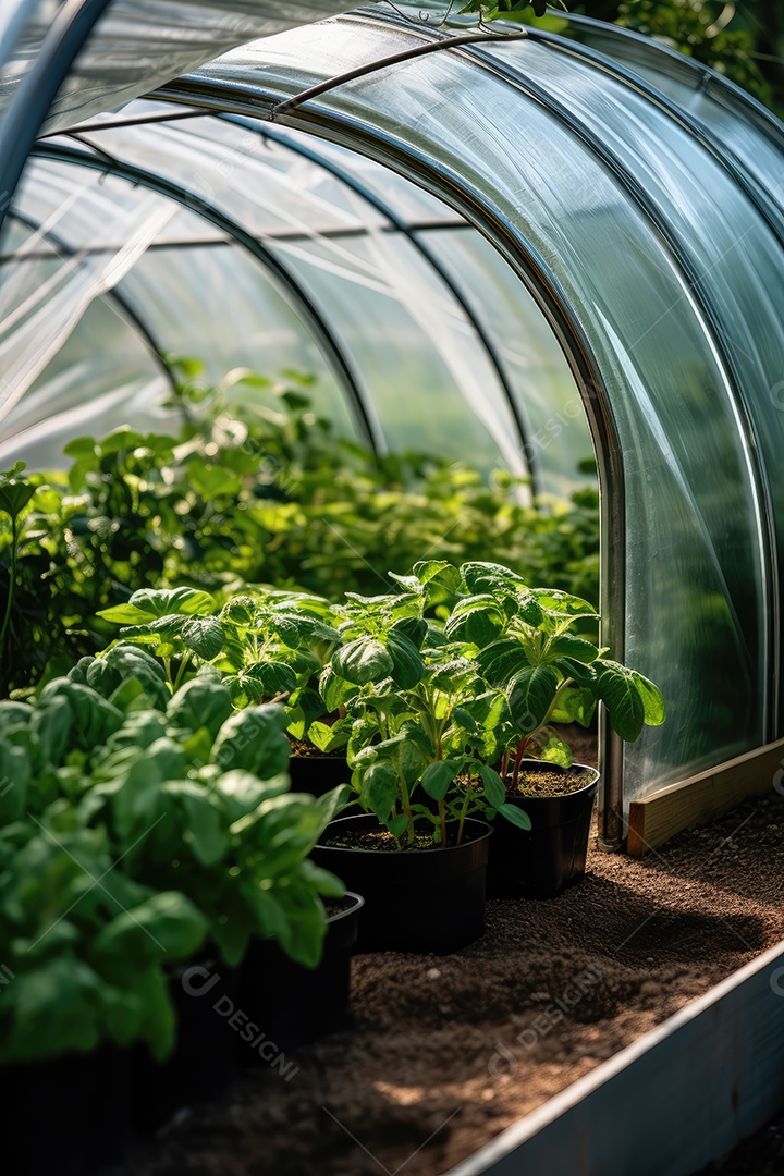 Estufa com variedade de verduras e legumes que crescem exuberantes em ambiente protegido.