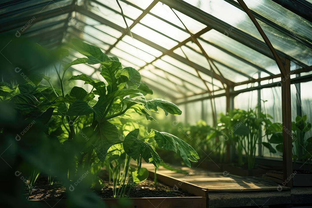 Estufa com variedade de verduras e legumes que crescem exuberantes em ambiente protegido.