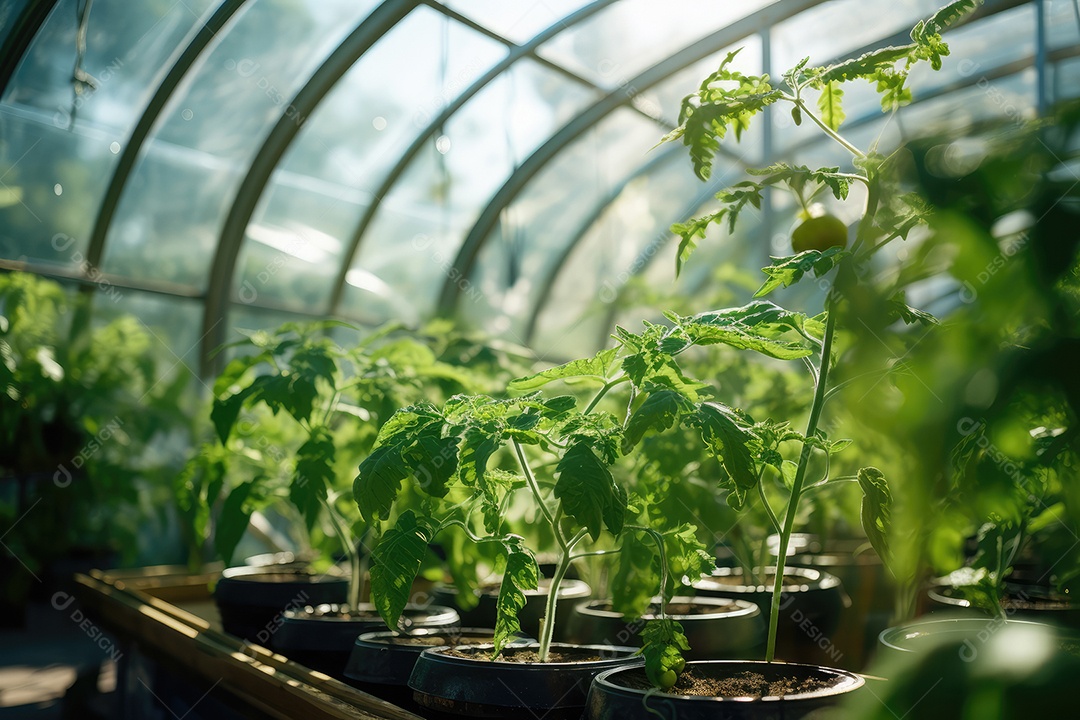 Estufa com variedade de verduras e legumes que crescem exuberantes em ambiente protegido.