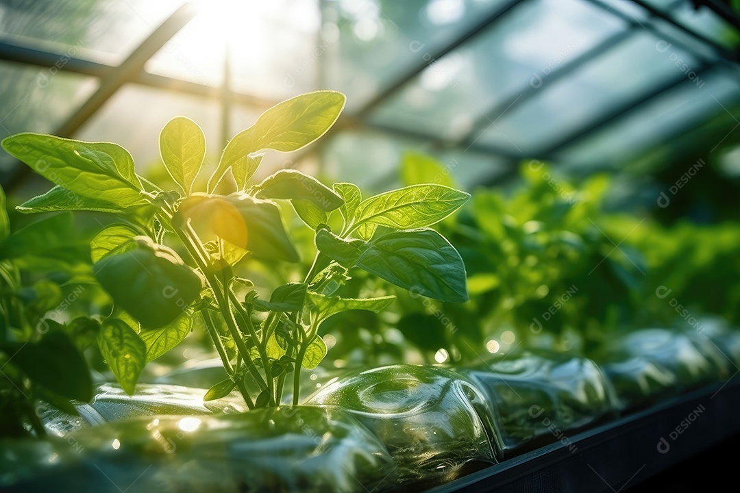 Estufa com variedade de verduras e legumes que crescem exuberantes em ambiente protegido.