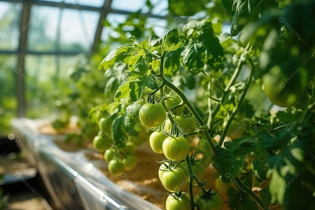 Estufa com variedade de verduras e legumes que crescem exuberantes em ambiente protegido.