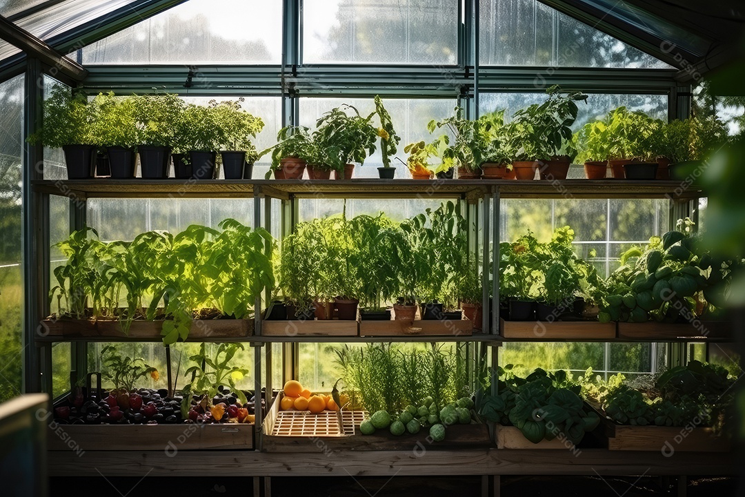 Exuberante estufa moderna e variedade de verduras, hortaliças que crescem exuberantes em ambiente protegido.