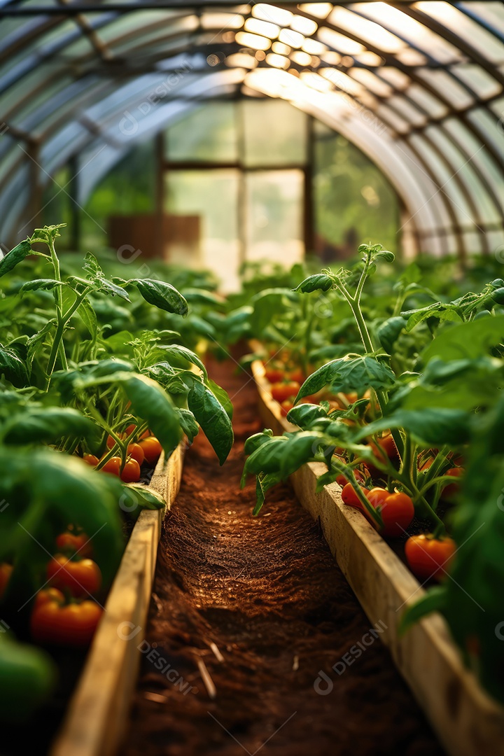 Exuberante estufa moderna e variedade de verduras, hortaliças que crescem exuberantes em ambiente protegido.