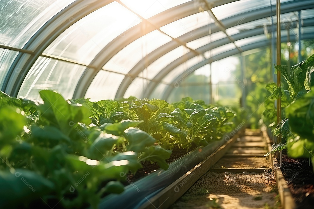 Estufa com variedade de verduras e legumes que crescem exuberantes em ambiente protegido.