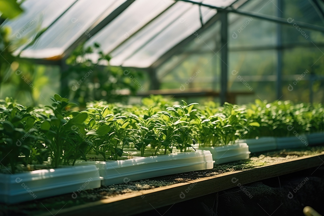 Estufa com variedade de verduras e legumes que crescem exuberantes em ambiente protegido.