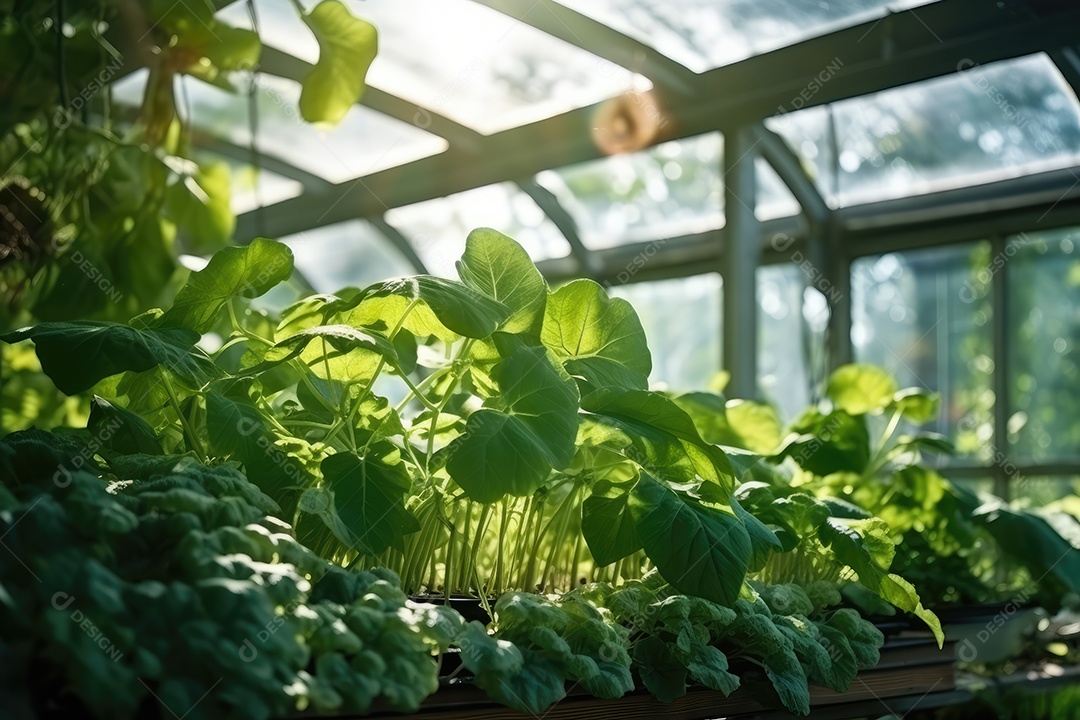 Estufa com variedade de verduras e legumes que crescem exuberantes em ambiente protegido.