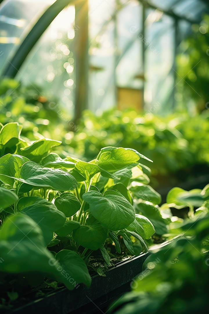 Estufa com variedade de verduras e legumes que crescem exuberantes em ambiente protegido.