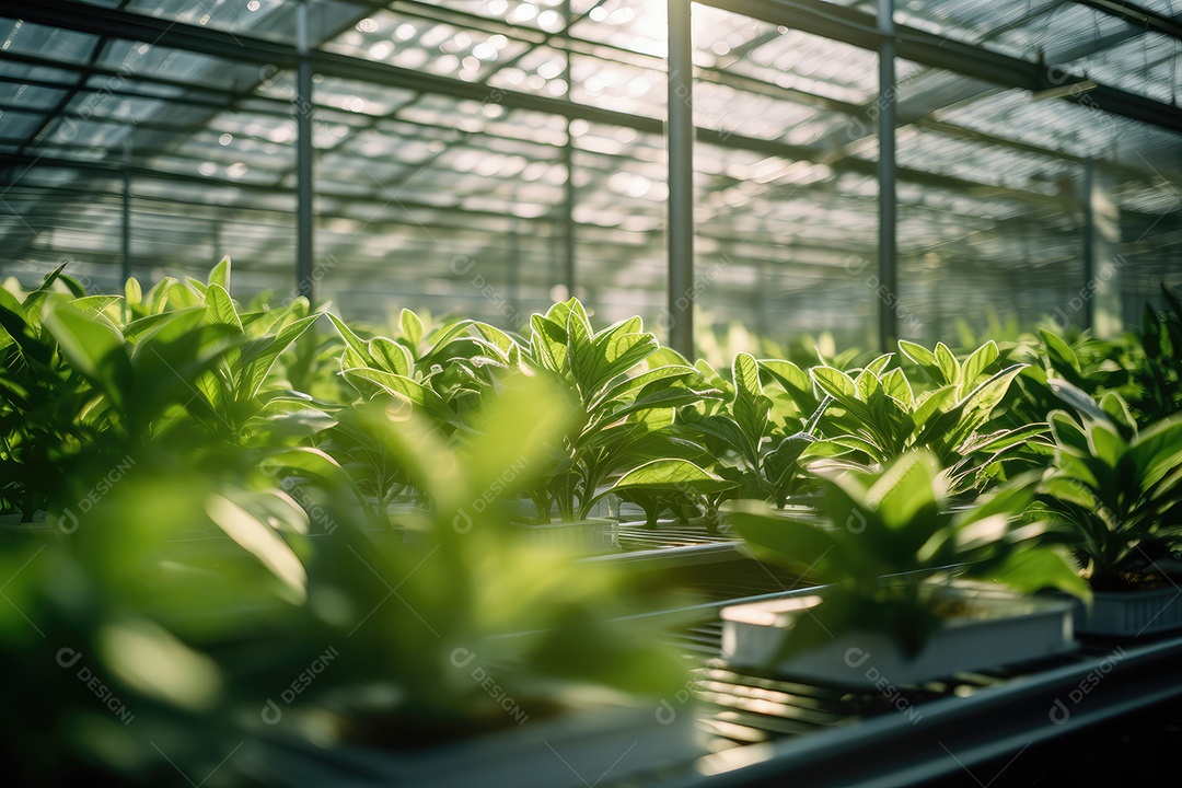 Estufa com variedade de verduras e legumes que crescem exuberantes em ambiente protegido.