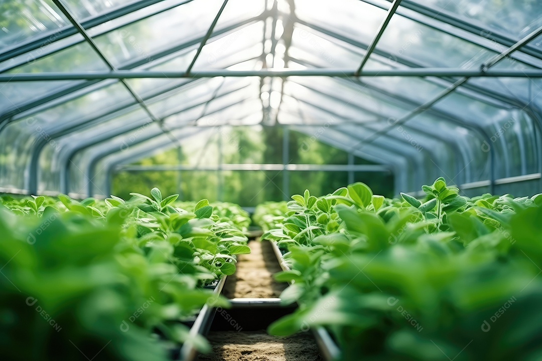 Estufa com variedade de verduras e legumes que crescem exuberantes em ambiente protegido.