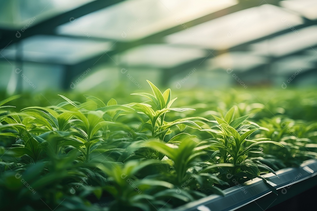Estufa com variedade de verduras e legumes que crescem exuberantes em ambiente protegido.