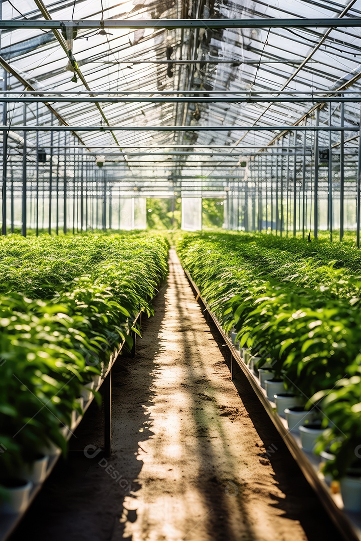 Estufa com variedade de verduras e legumes que crescem exuberantes em ambiente protegido.