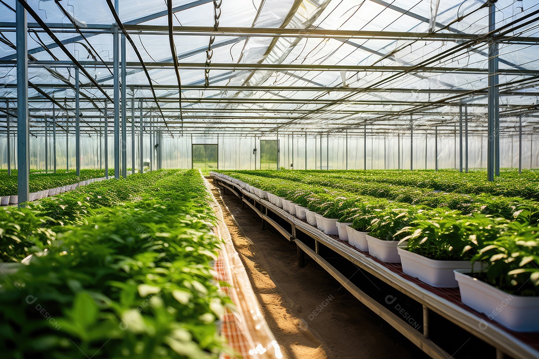 Estufa com variedade de verduras e legumes que crescem exuberantes em ambiente protegido.