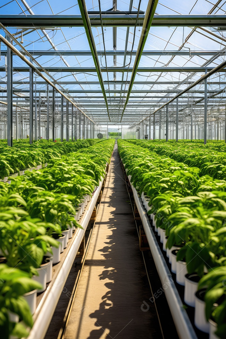 Estufa com variedade de verduras e legumes que crescem exuberantes em ambiente protegido.