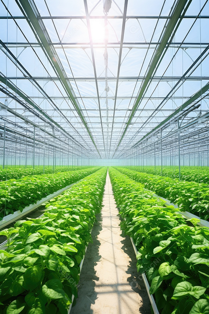 Estufa com variedade de verduras e legumes que crescem exuberantes em ambiente protegido.