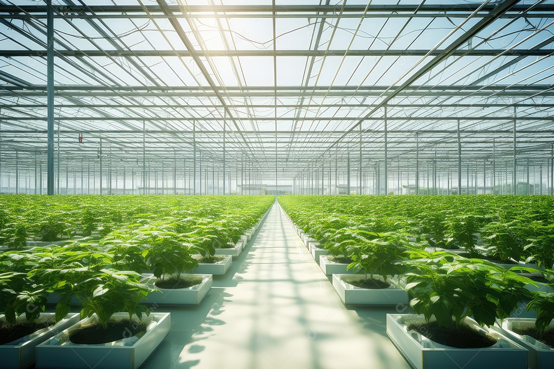 Estufa com variedade de verduras e legumes que crescem exuberantes em ambiente protegido. )