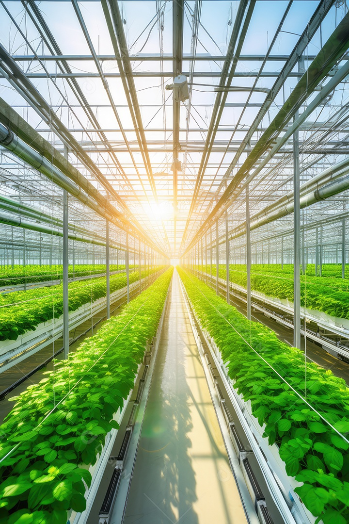 Estufa com variedade de verduras e legumes que crescem exuberantes em ambiente protegido.