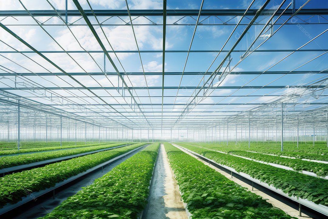 Estufa com variedade de verduras e legumes que crescem exuberantes em ambiente protegido.
