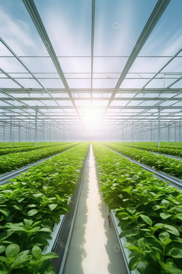 Estufa com variedade de verduras e legumes que crescem exuberantes em ambiente protegido.