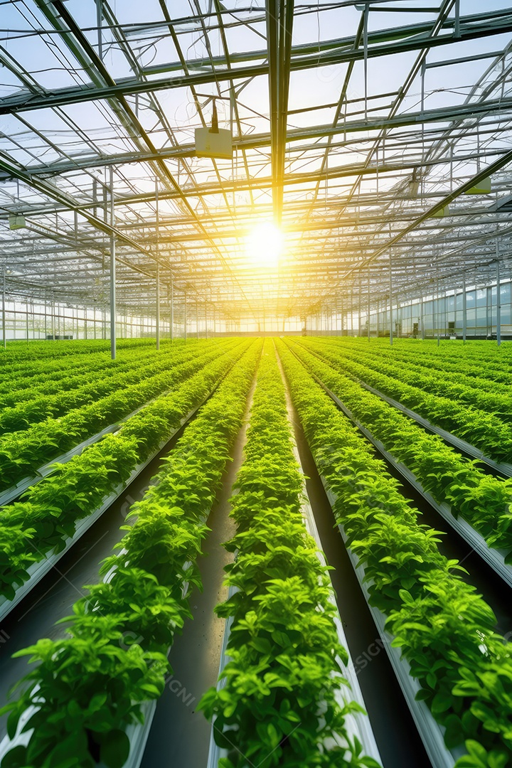 Estufa com variedade de verduras e legumes que crescem exuberantes em ambiente protegido.
