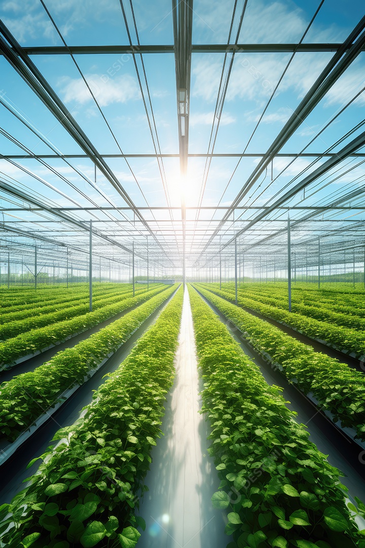 Estufa com variedade de verduras e legumes que crescem exuberantes em ambiente protegido.