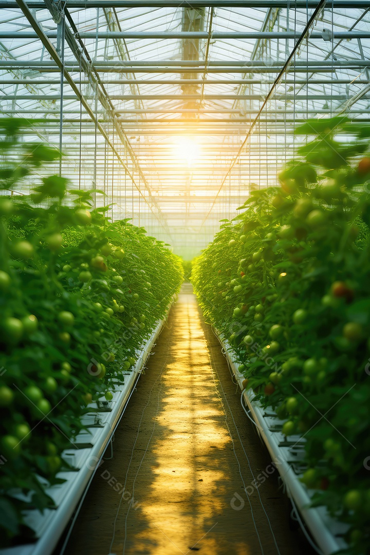 Estufa com variedade de verduras e legumes que crescem exuberantes em ambiente protegido.
