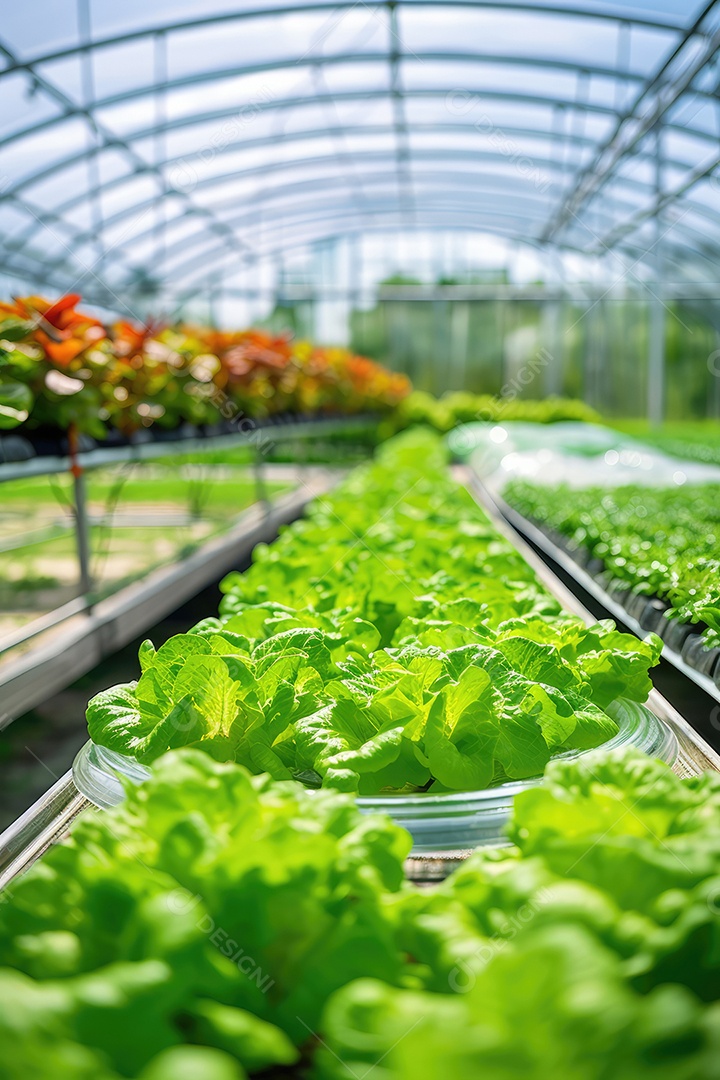Estufa com variedade de verduras e legumes que crescem exuberantes em ambiente protegido.