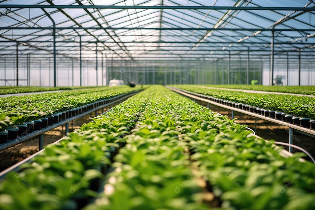 Estufa com variedade de verduras e legumes que crescem exuberantes em ambiente protegido.