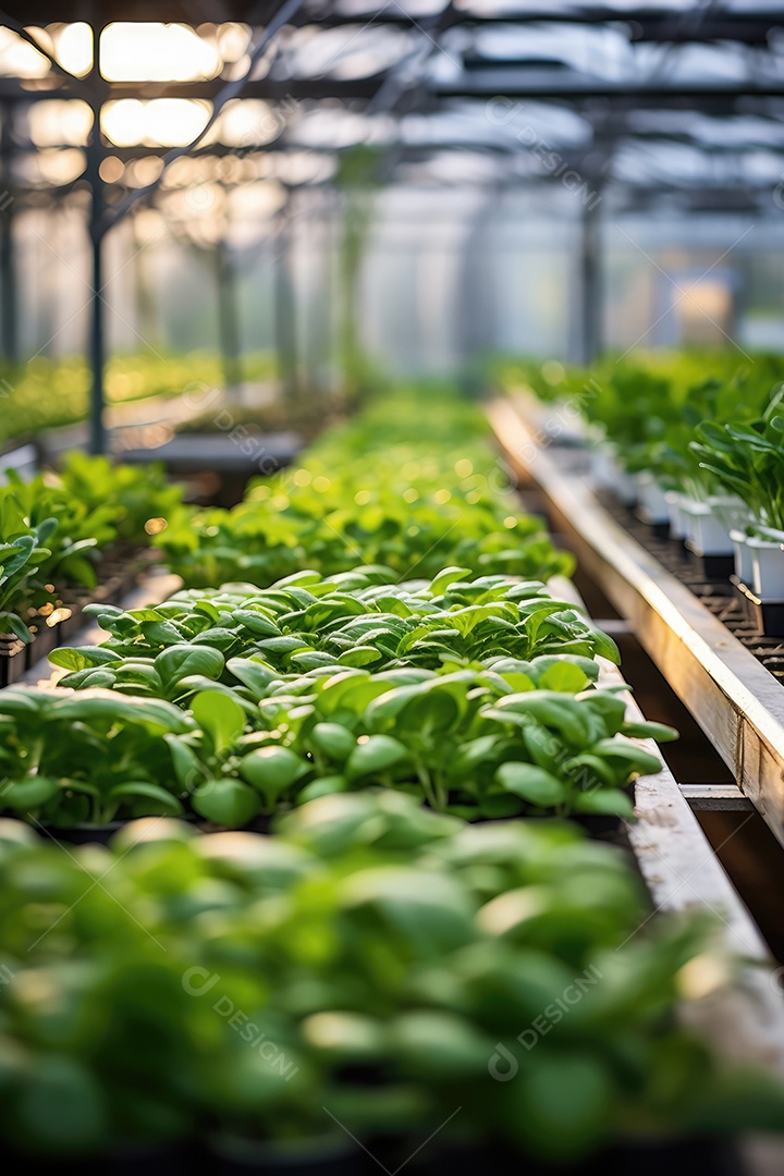 Estufa com variedade de verduras e legumes que crescem exuberantes em ambiente protegido.