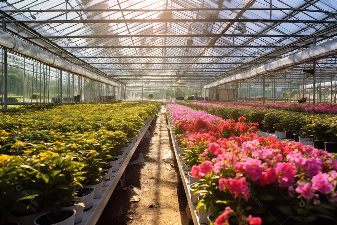 Estufa moderna com uma variedade de plantas, flores que crescem exuberantes em um ambiente protegido.