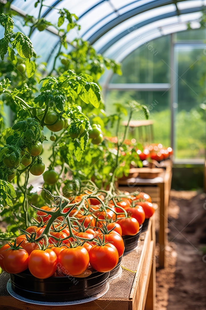 Exuberante estufa moderna e variedade de verduras, hortaliças que crescem exuberantes em ambiente protegido.